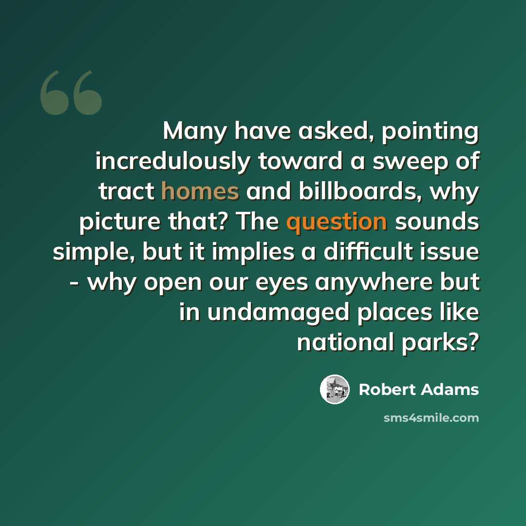 “Many have asked, pointing incredulously toward a sweep of tract homes and billboards, why picture that? The question sounds simple, but it implies a difficult issue - why open our eyes anywhere but in undamaged places like national parks?” quote by Robert Adams
