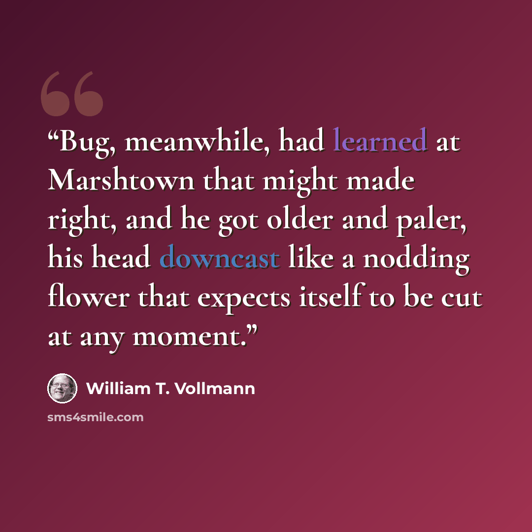“Bug, meanwhile, had learned at Marshtown that might made right, and he got older and paler, his head downcast like a nodding flower that expects itself to be cut at any moment.” quote by William T. Vollmann