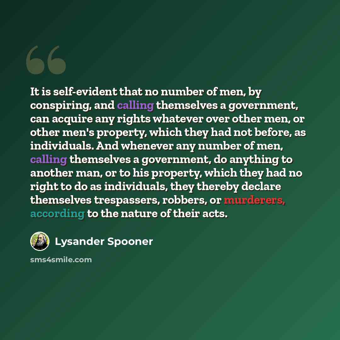 “It is self-evident that no number of men, by conspiring, and calling themselves a government, can acquire any rights whatever over other men, or other men's property, which they had not before, as individuals. And whenever any number of men, calling themselves a government, do anything to another…” quote by Lysander Spooner