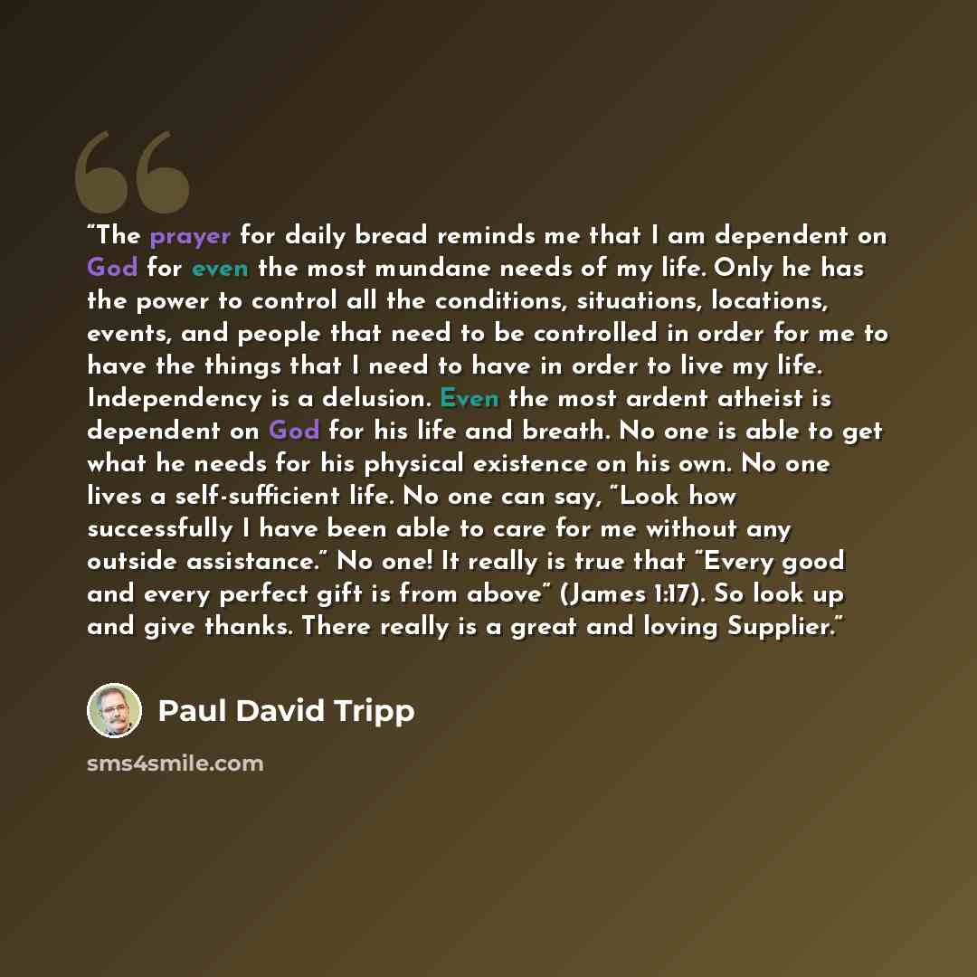 “The prayer for daily bread reminds me that I am dependent on God for even the most mundane needs of my life. Only he has the power to control all the conditions, situations, locations, events, and people that need to be controlled in order for me to have the things that I need to have in order to…” quote by Paul David Tripp