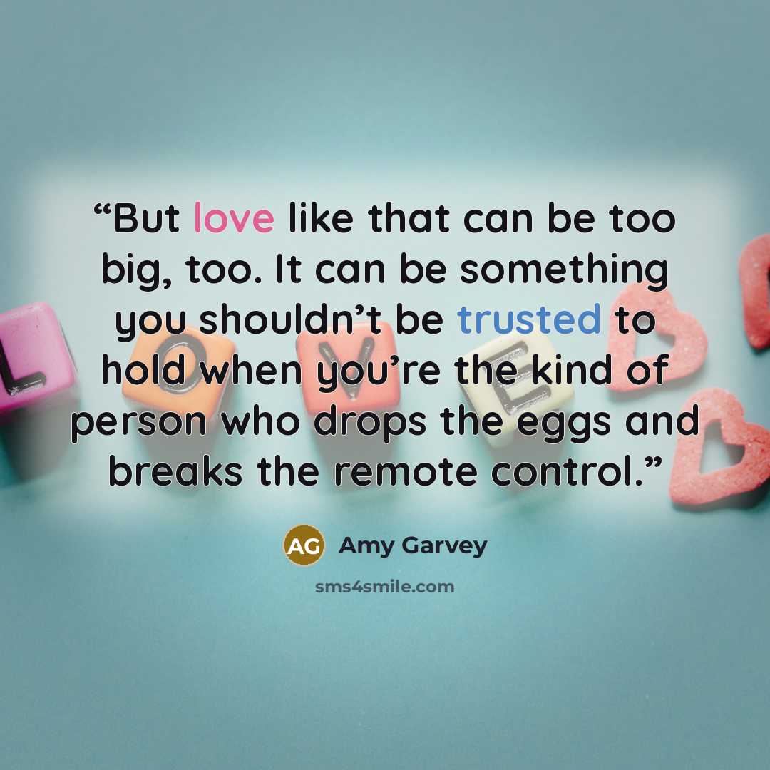 “But love like that can be too big, too. It can be something you shouldn’t be trusted to hold when you’re the kind of person who drops the eggs and breaks the remote control.” quote by Amy Garvey