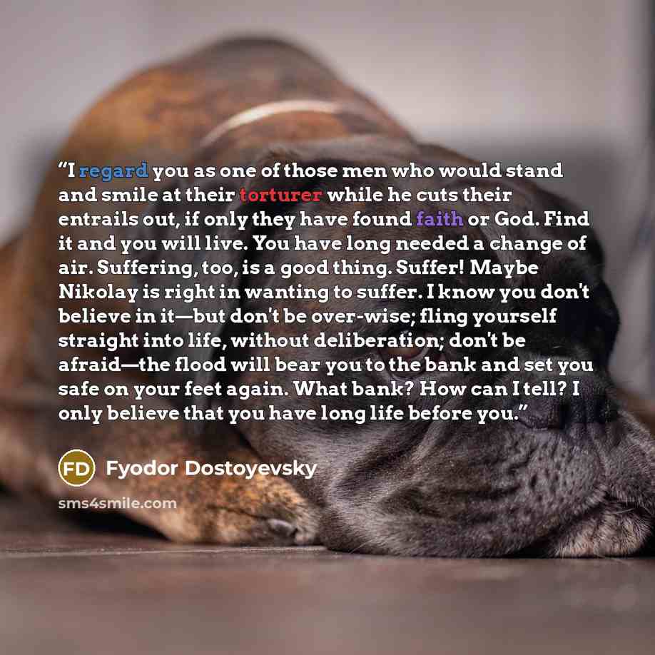 “I regard you as one of those men who would stand and smile at their torturer while he cuts their entrails out, if only they have found faith or God. Find it and you will live. You have long needed a change of air. Suffering, too, is a good thing. Suffer! Maybe Nikolay is right in wanting to…” quote by Fyodor Dostoyevsky