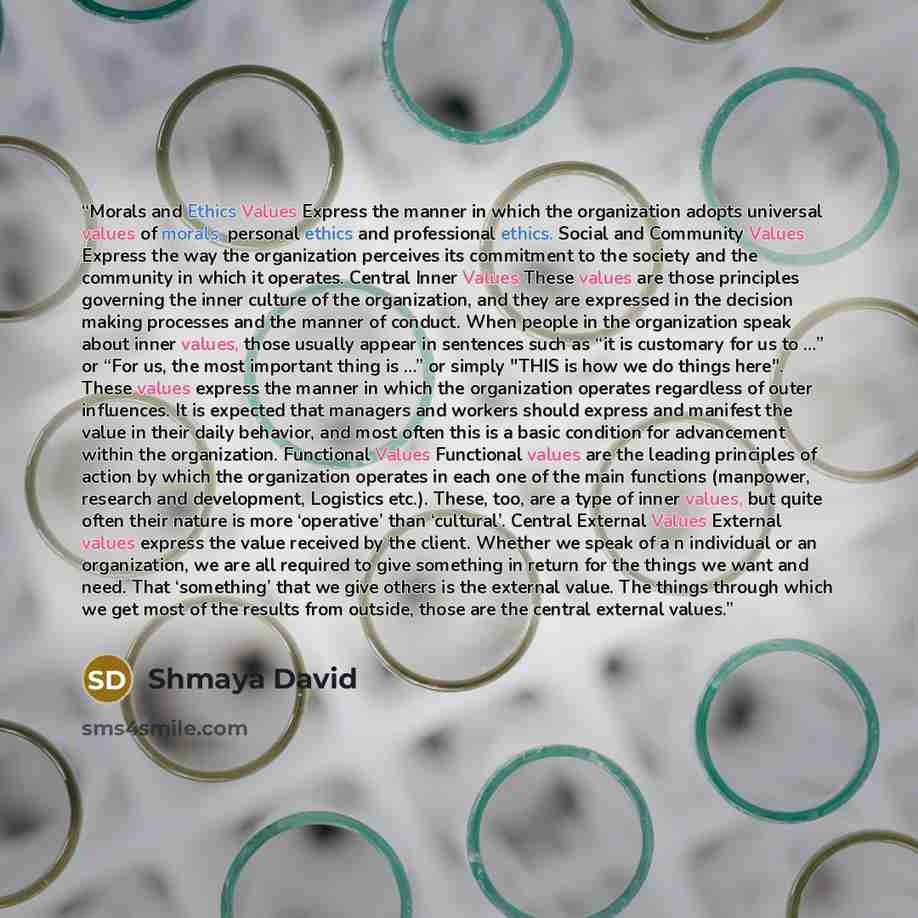 “Morals and Ethics Values Express the manner in which the organization adopts universal values of morals, personal ethics and professional ethics. Social and Community Values Express the way the organization perceives its commitment to the society and the community in which it operates. Central…” quote by Shmaya David