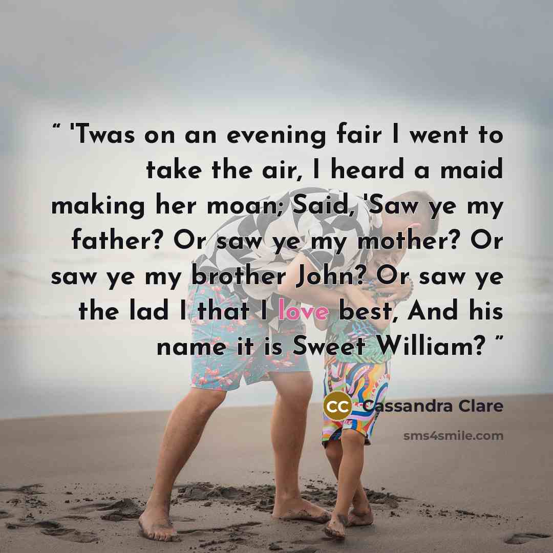 “'Twas on an evening fair I went to take the air, I heard a maid making her moan; Said, 'Saw ye my father? Or saw ye my mother? Or saw ye my brother John? Or saw ye the lad I that I love best, And his name it is Sweet William?” quote by Cassandra Clare