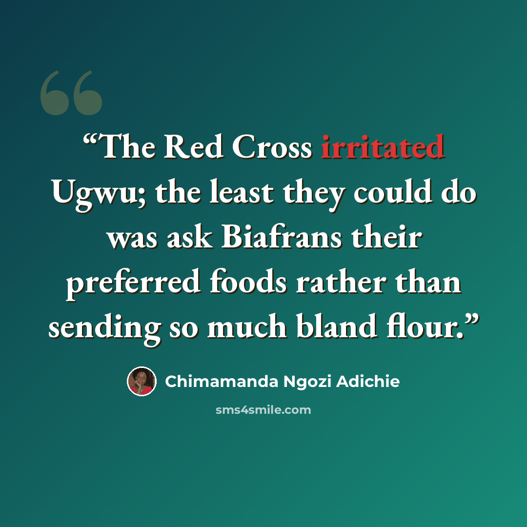 “The Red Cross irritated Ugwu; the least they could do was ask Biafrans their preferred foods rather than sending so much bland flour.” quote by Chimamanda Ngozi Adichie