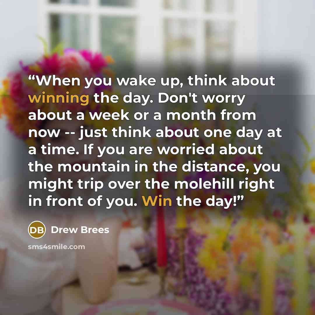 “When you wake up, think about winning the day. Don't worry about a week or a month from now -- just think about one day at a time. If you are worried about the mountain in the distance, you might trip over the molehill right in front of you. Win the day!” quote by Drew Brees