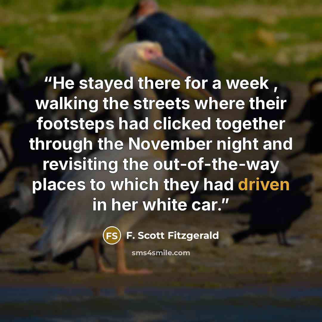 “He stayed there for a week , walking the streets where their footsteps had clicked together through the November night and revisiting the out-of-the-way places to which they had driven in her white car.” quote by F. Scott Fitzgerald