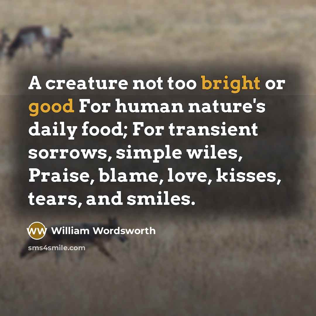 “A creature not too bright or good For human nature's daily food; For transient sorrows, simple wiles, Praise, blame, love, kisses, tears, and smiles.” quote by William Wordsworth