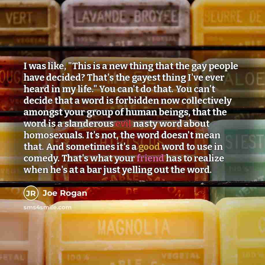 “I was like, "This is a new thing that the gay people have decided? That's the gayest thing I've ever heard in my life." You can't do that. You can't decide that a word is forbidden now collectively amongst your group of human beings, that the word is a slanderous evil nasty word about homosexuals…” quote by Joe Rogan