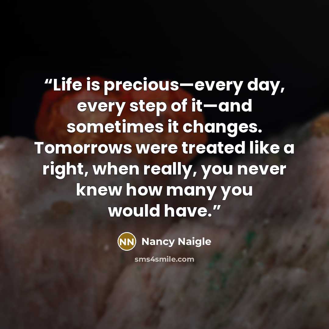 “Life is precious—every day, every step of it—and sometimes it changes. Tomorrows were treated like a right, when really, you never knew how many you would have.” quote by Nancy Naigle