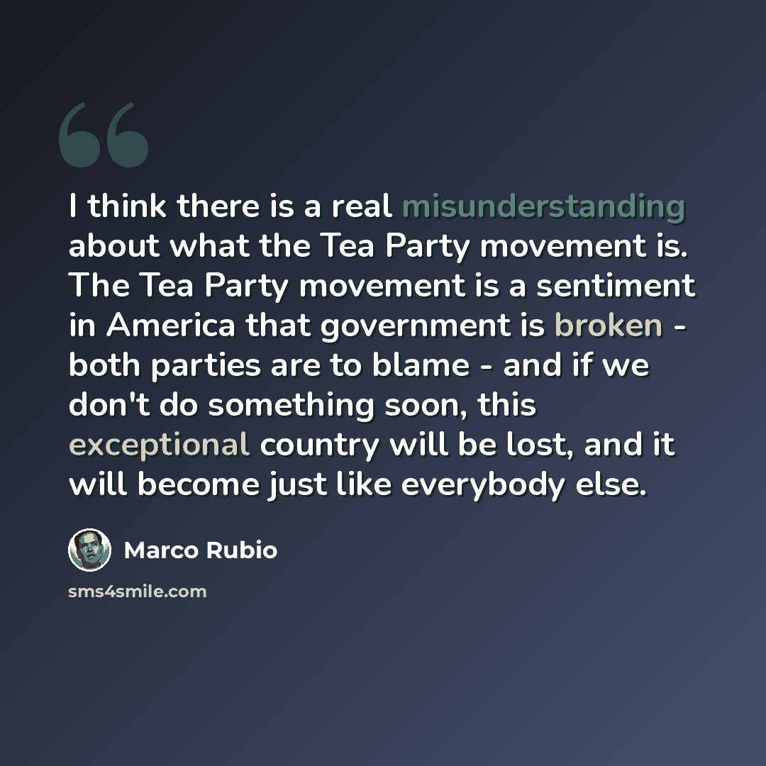 “I think there is a real misunderstanding about what the Tea Party movement is. The Tea Party movement is a sentiment in America that government is broken - both parties are to blame - and if we don't do something soon, this exceptional country will be lost, and it will become just like everybody…” quote by Marco Rubio