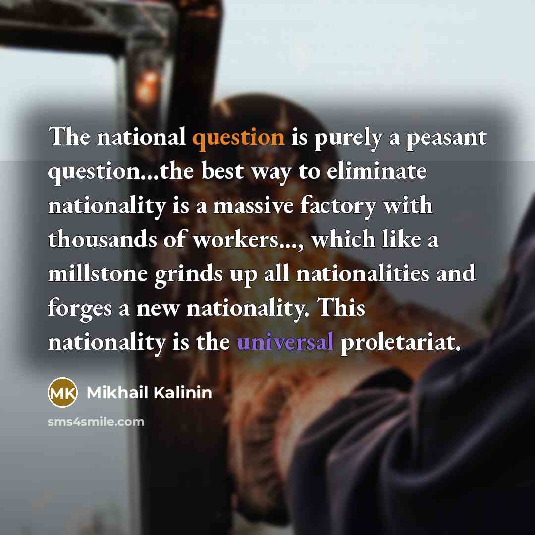 “The national question is purely a peasant question...the best way to eliminate nationality is a massive factory with thousands of workers..., which like a millstone grinds up all nationalities and forges a new nationality. This nationality is the universal proletariat.” quote by Mikhail Kalinin