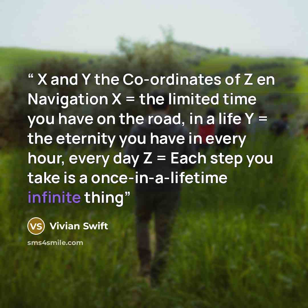 “X and Y the Co-ordinates of Z en Navigation X = the limited time you have on the road, in a life Y = the eternity you have in every hour, every day Z = Each step you take is a once-in-a-lifetime infinite thing” quote by Vivian Swift