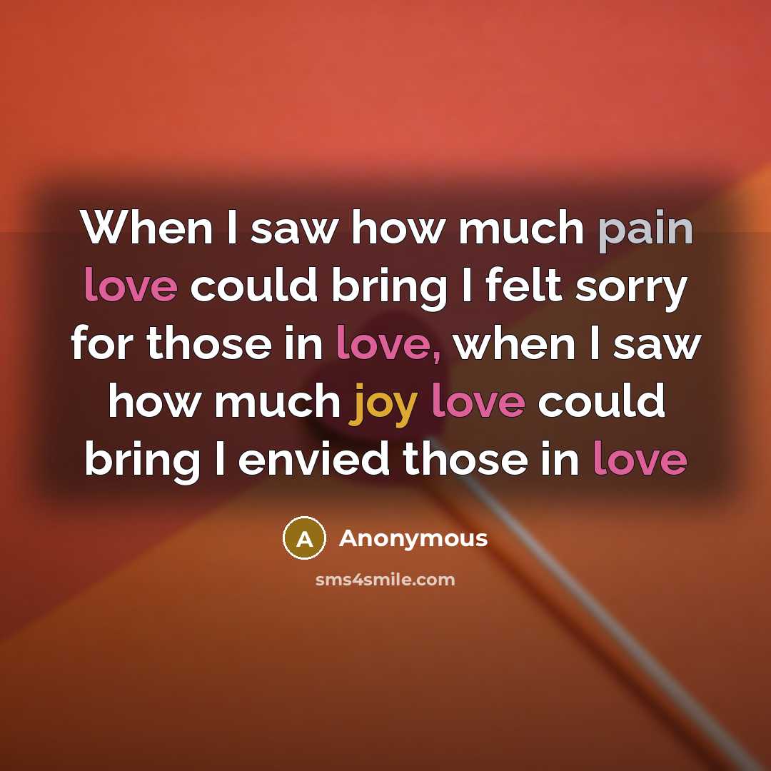“When I saw how much pain love could bring I felt sorry for those in love, when I saw how much joy love could bring I envied those in love” quote by Anonymous