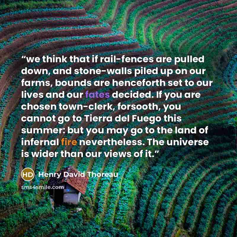 “we think that if rail-fences are pulled down, and stone-walls piled up on our farms, bounds are henceforth set to our lives and our fates decided. If you are chosen town-clerk, forsooth, you cannot go to Tierra del Fuego this summer: but you may go to the land of infernal fire nevertheless. The…” quote by Henry David Thoreau