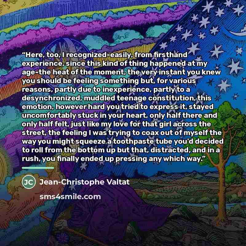 “Here, too, I recognized-easily, from firsthand experience, since this kind of thing happened at my age-the heat of the moment, the very instant you knew you should be feeling something but, for various reasons, partly due to inexperience, partly to a desynchronized, muddled teenage constitution…” quote by Jean-Christophe Valtat