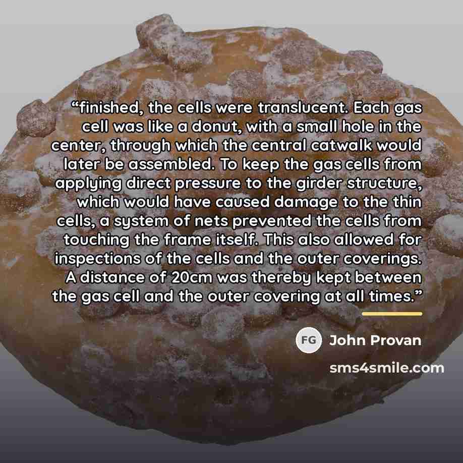 “finished, the cells were translucent. Each gas cell was like a donut, with a small hole in the center, through which the central catwalk would later be assembled. To keep the gas cells from applying direct pressure to the girder structure, which would have caused damage to the thin cells, a system…” quote by John Provan