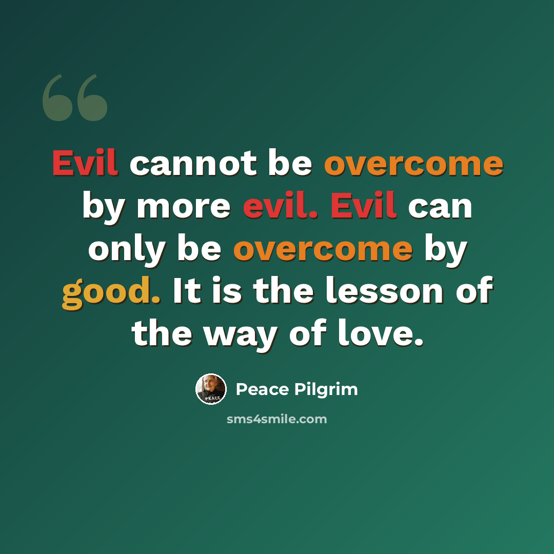 “Evil cannot be overcome by more evil. Evil can only be overcome by good. It is the lesson of the way of love.” quote by Peace Pilgrim