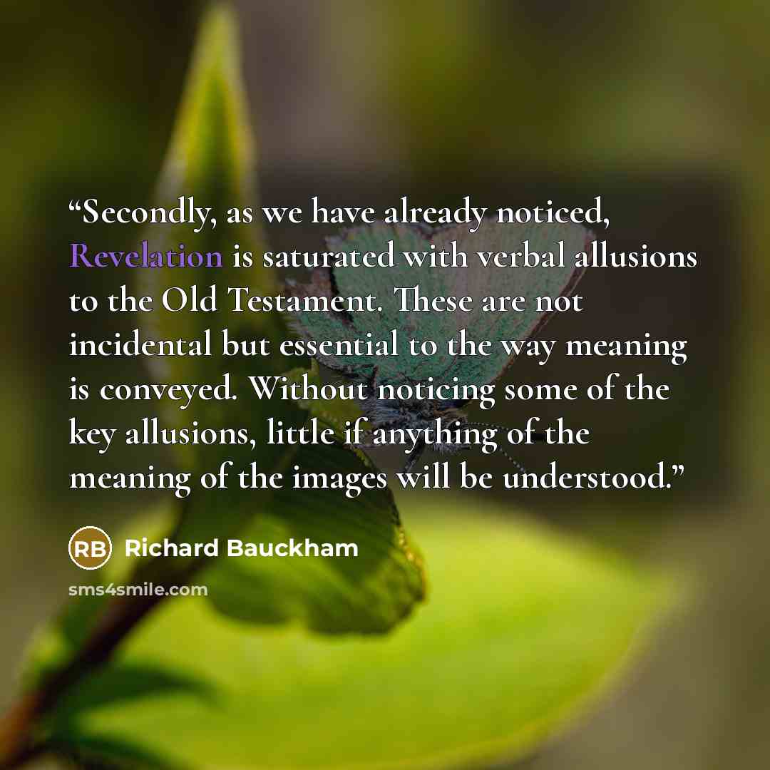 “Secondly, as we have already noticed, Revelation is saturated with verbal allusions to the Old Testament. These are not incidental but essential to the way meaning is conveyed. Without noticing some of the key allusions, little if anything of the meaning of the images will be understood.” quote by Richard Bauckham