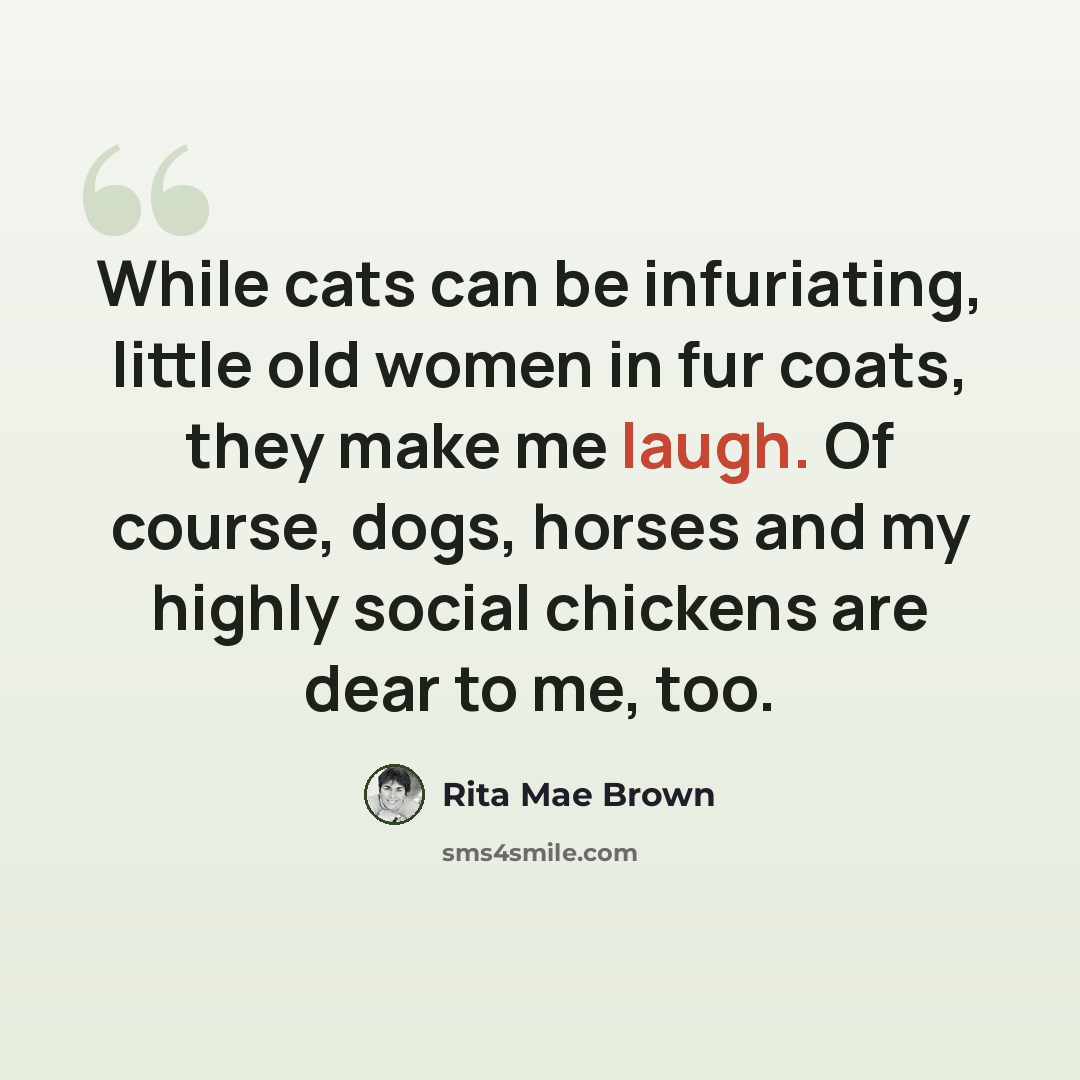 “While cats can be infuriating, little old women in fur coats, they make me laugh. Of course, dogs, horses and my highly social chickens are dear to me, too.” quote by Rita Mae Brown