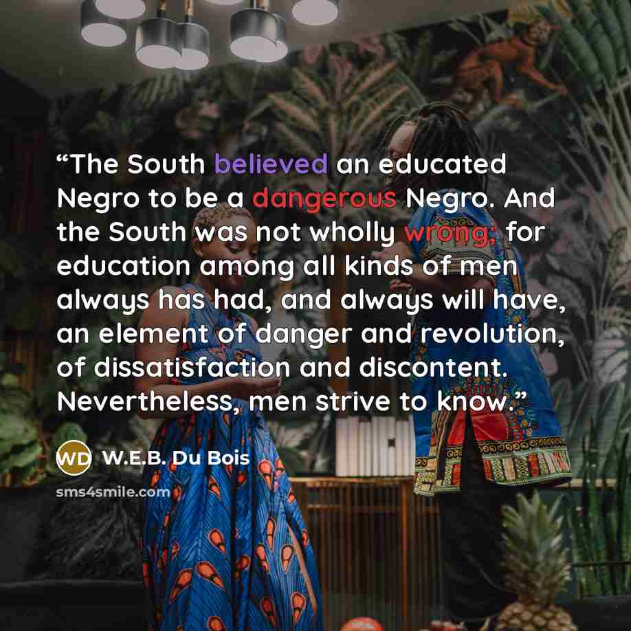 “The South believed an educated Negro to be a dangerous Negro. And the South was not wholly wrong; for education among all kinds of men always has had, and always will have, an element of danger and revolution, of dissatisfaction and discontent. Nevertheless, men strive to know.” quote by W.E.B. Du Bois
