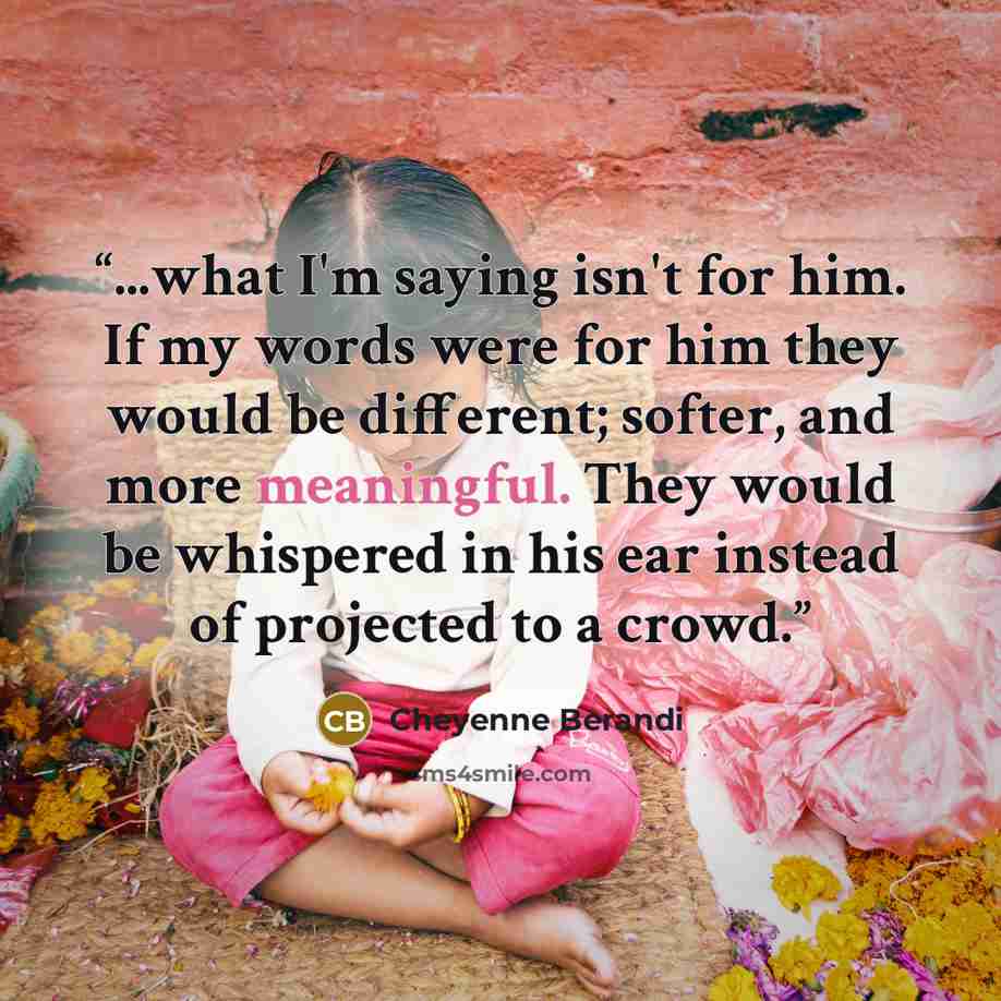 “...what I'm saying isn't for him. If my words were for him they would be different; softer, and more meaningful. They would be whispered in his ear instead of projected to a crowd.” quote by Cheyenne Berandi