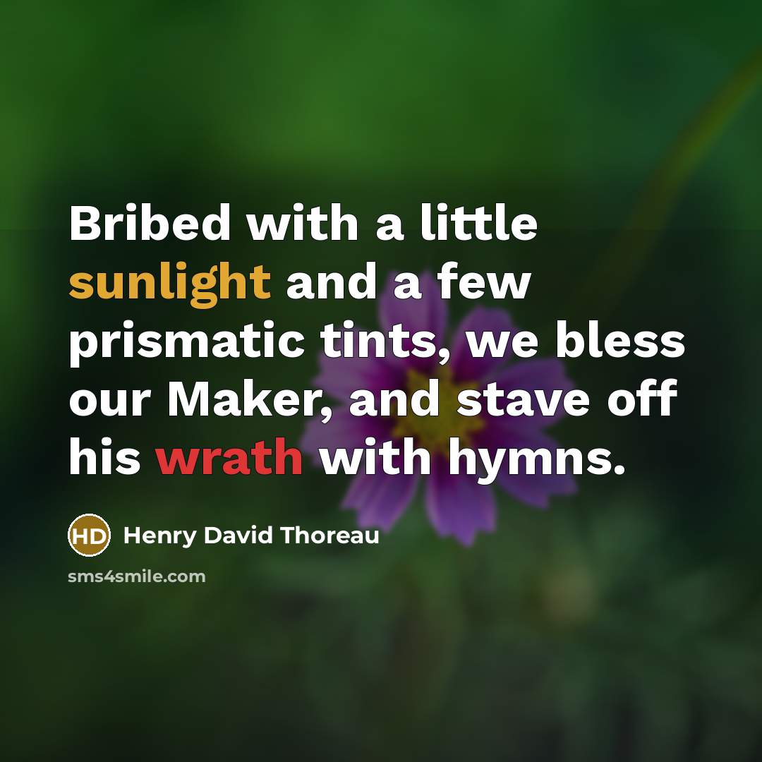 “Bribed with a little sunlight and a few prismatic tints, we bless our Maker, and stave off his wrath with hymns.” quote by Henry David Thoreau