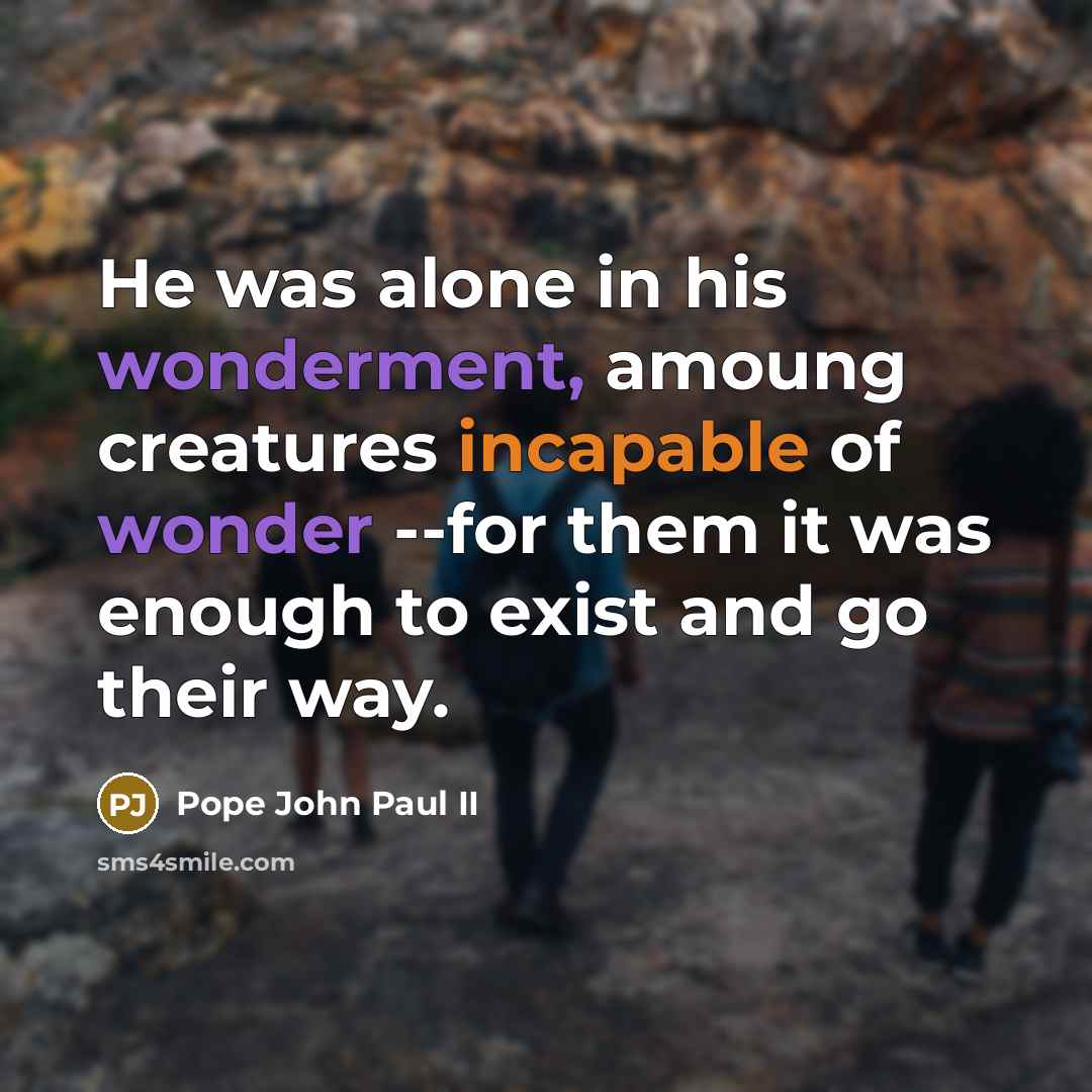“He was alone in his wonderment, amoung creatures incapable of wonder --for them it was enough to exist and go their way.” quote by Pope John Paul II
