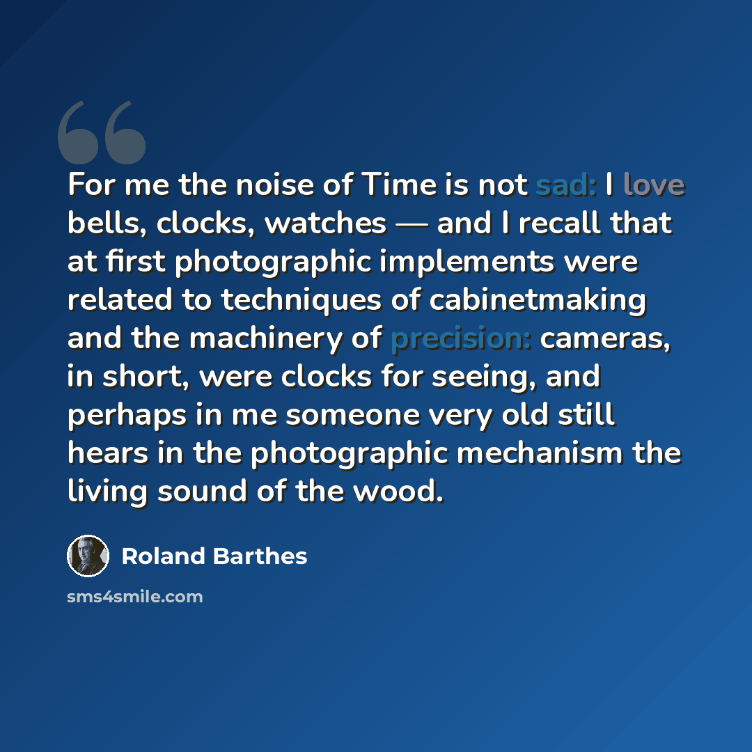 “For me the noise of Time is not sad: I love bells, clocks, watches — and I recall that at first photographic implements were related to techniques of cabinetmaking and the machinery of precision: cameras, in short, were clocks for seeing, and perhaps in me someone very old still hears in the…” quote by Roland Barthes