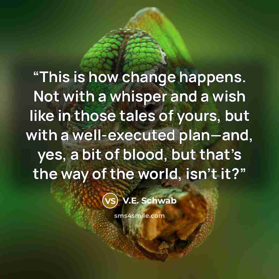 “This is how change happens. Not with a whisper and a wish like in those tales of yours, but with a well-executed plan—and, yes, a bit of blood, but that’s the way of the world, isn’t it?” quote by V.E. Schwab