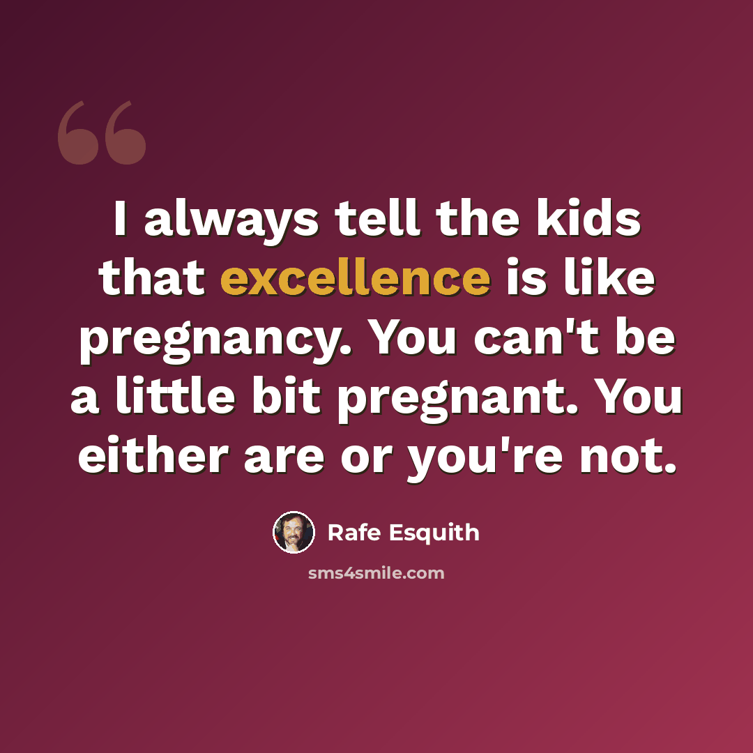 “I always tell the kids that excellence is like pregnancy. You can't be a little bit pregnant. You either are or you're not.” quote by Rafe Esquith