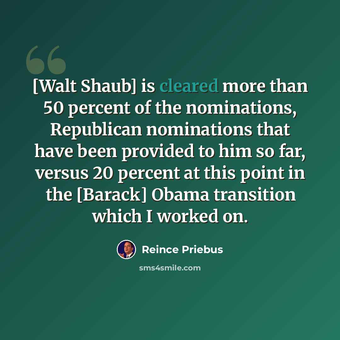 “[Walt Shaub] is cleared more than 50 percent of the nominations, Republican nominations that have been provided to him so far, versus 20 percent at this point in the [Barack] Obama transition which I worked on.” quote by Reince Priebus