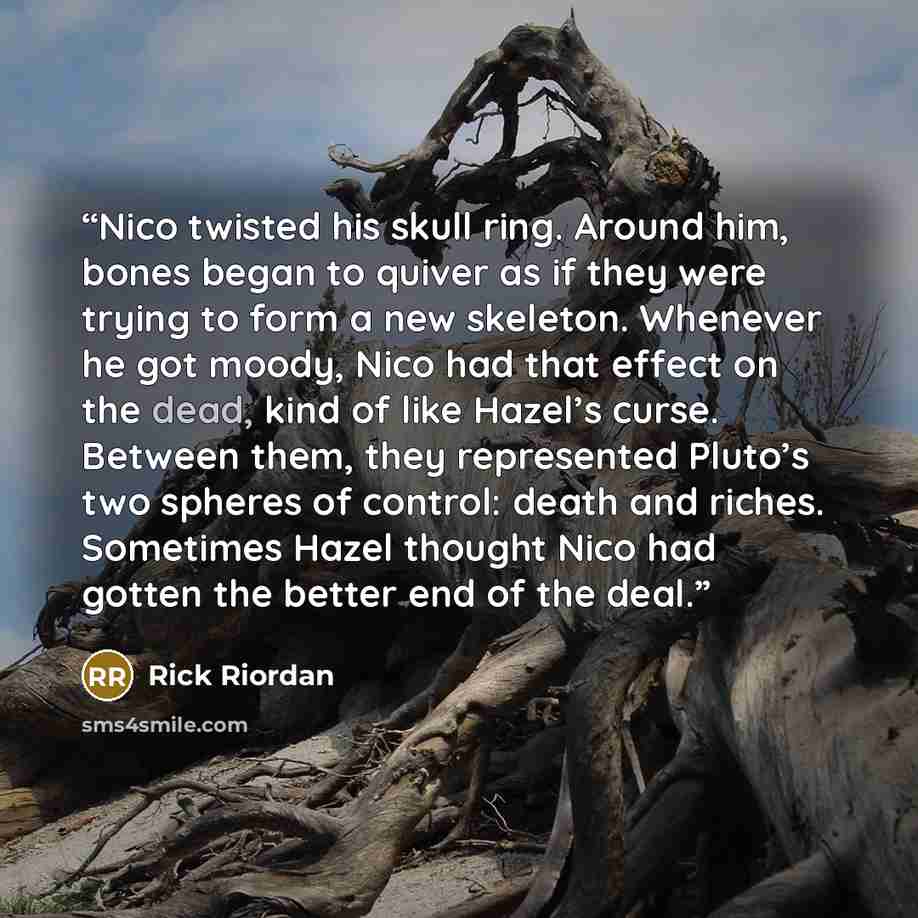“Nico twisted his skull ring. Around him, bones began to quiver as if they were trying to form a new skeleton. Whenever he got moody, Nico had that effect on the dead, kind of like Hazel’s curse. Between them, they represented Pluto’s two spheres of control: death and riches. Sometimes Hazel…” quote by Rick Riordan