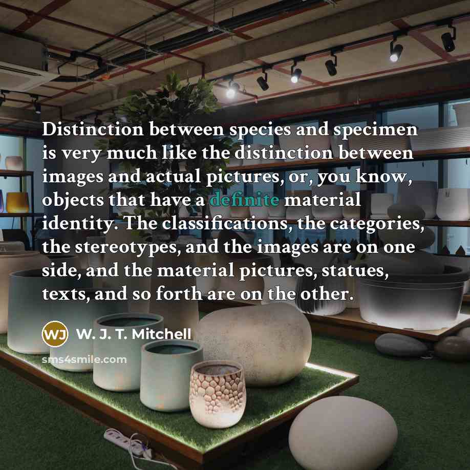 “Distinction between species and specimen is very much like the distinction between images and actual pictures, or, you know, objects that have a definite material identity. The classifications, the categories, the stereotypes, and the images are on one side, and the material pictures, statues…” quote by W. J. T. Mitchell
