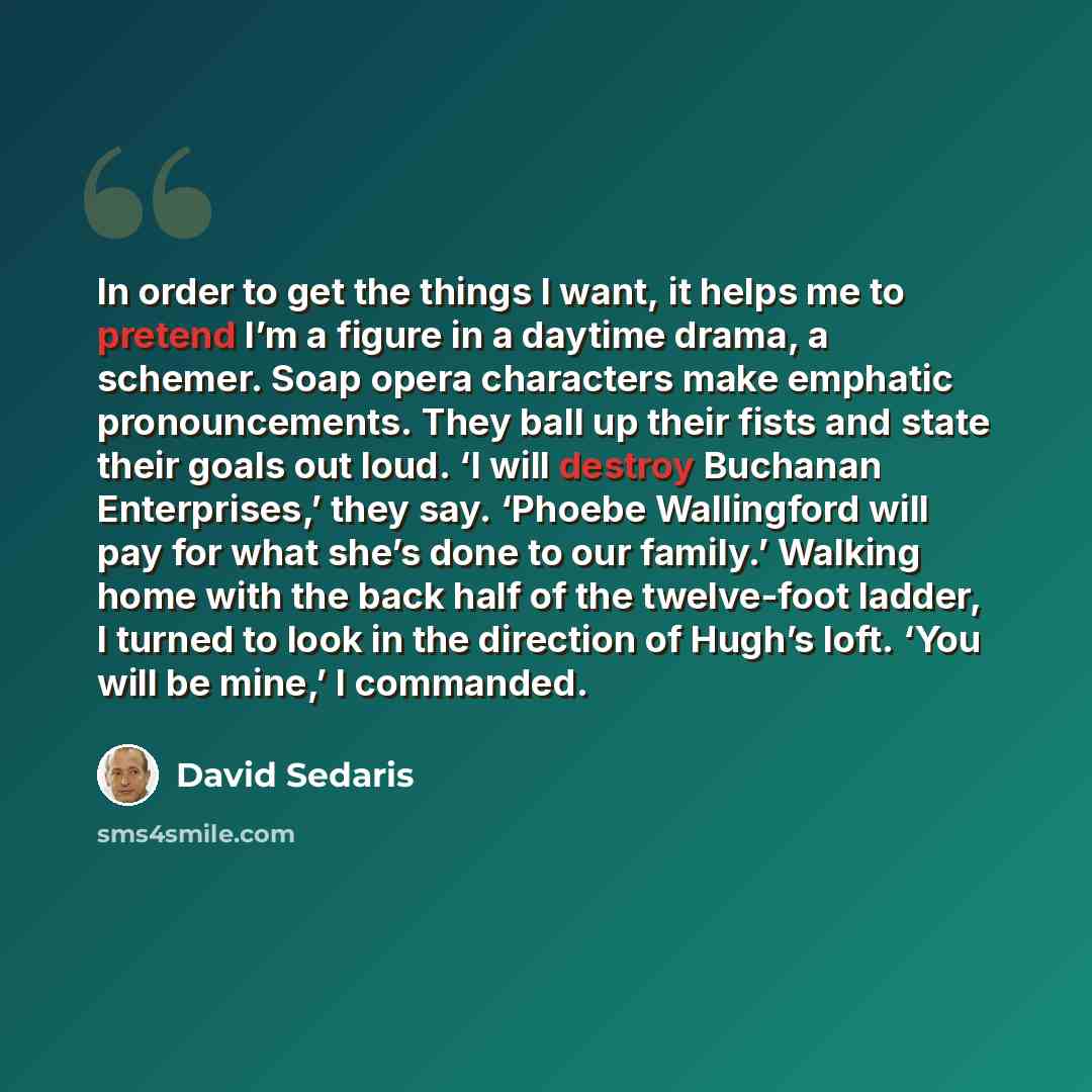 “In order to get the things I want, it helps me to pretend I’m a figure in a daytime drama, a schemer. Soap opera characters make emphatic pronouncements. They ball up their fists and state their goals out loud. ‘I will destroy Buchanan Enterprises,’ they say. ‘Phoebe Wallingford will pay for what…” quote by David Sedaris