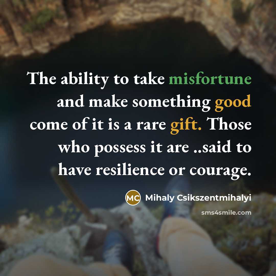 “The ability to take misfortune and make something good come of it is a rare gift. Those who possess it are ..said to have resilience or courage.” quote by Mihaly Csikszentmihalyi
