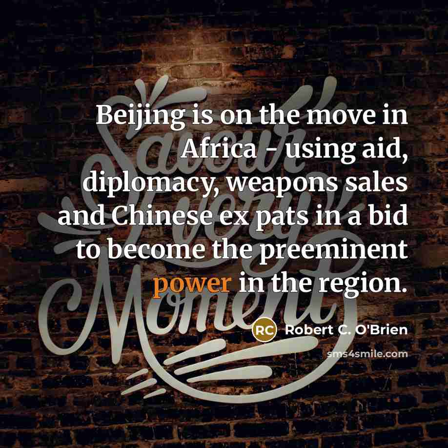 “Beijing is on the move in Africa - using aid, diplomacy, weapons sales and Chinese ex pats in a bid to become the preeminent power in the region.” quote by Robert C. O'Brien