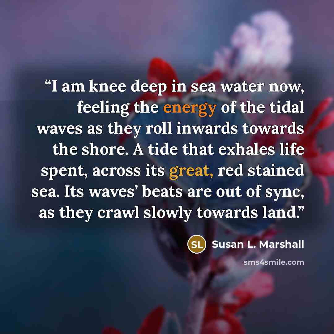 “I am knee deep in sea water now, feeling the energy of the tidal waves as they roll inwards towards the shore. A tide that exhales life spent, across its great, red stained sea. Its waves’ beats are out of sync, as they crawl slowly towards land.” quote by Susan L. Marshall
