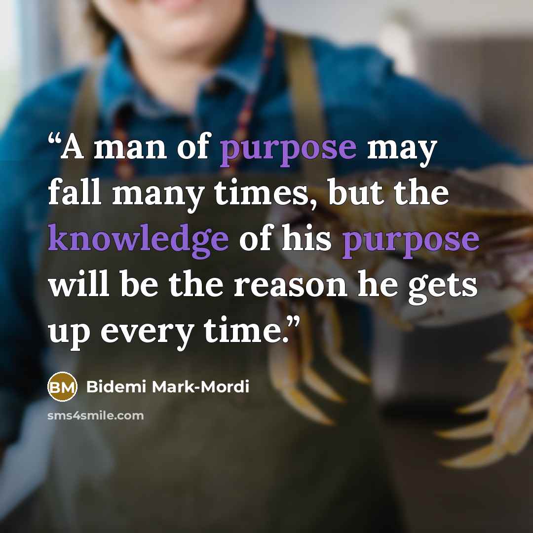 “A man of purpose may fall many times, but the knowledge of his purpose will be the reason he gets up every time.” quote by Bidemi Mark-Mordi