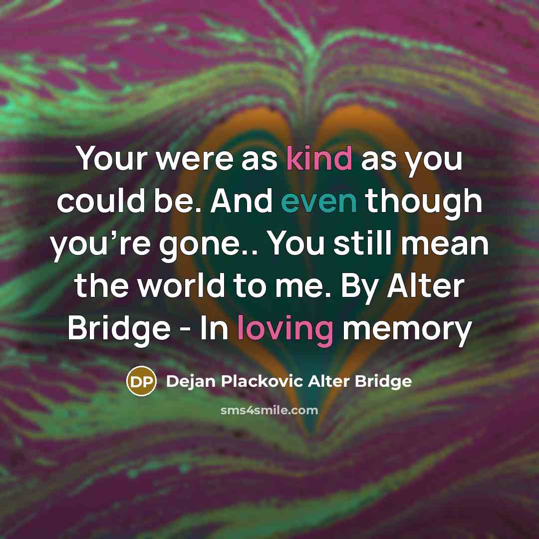 “Your were as kind as you could be. And even though you're gone.. You still mean the world to me. By Alter Bridge - In loving memory” quote by Dejan Plackovic Alter Bridge