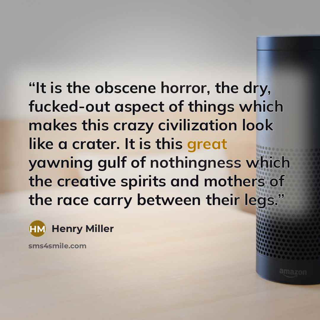 “It is the obscene horror, the dry, fucked-out aspect of things which makes this crazy civilization look like a crater. It is this great yawning gulf of nothingness which the creative spirits and mothers of the race carry between their legs.” quote by Henry Miller