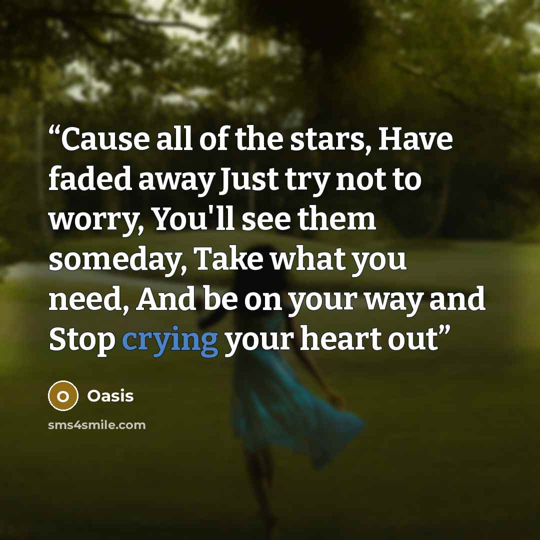 “Cause all of the stars, Have faded away Just try not to worry, You'll see them someday, Take what you need, And be on your way and Stop crying your heart out” quote by Oasis