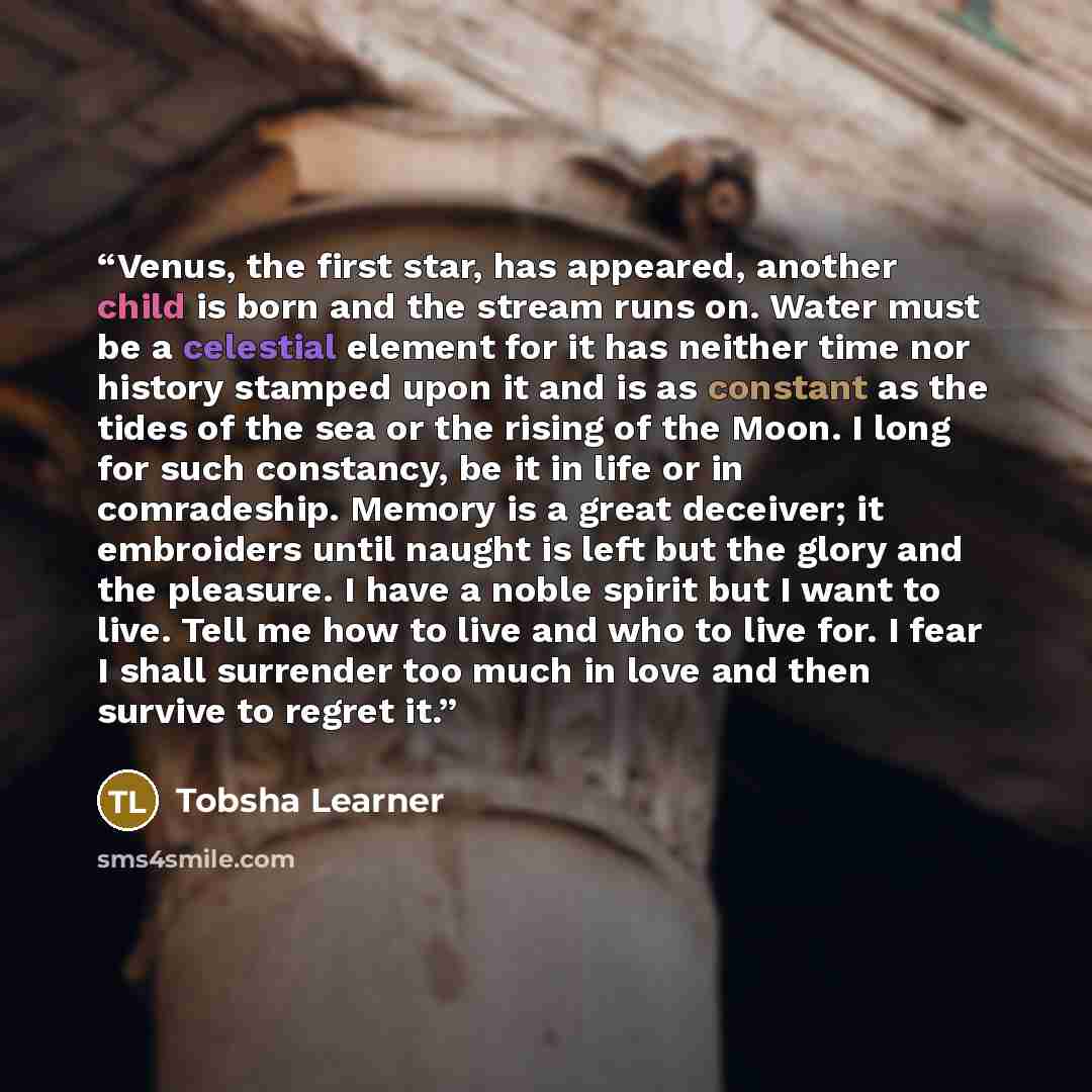 “Venus, the first star, has appeared, another child is born and the stream runs on. Water must be a celestial element for it has neither time nor history stamped upon it and is as constant as the tides of the sea or the rising of the Moon. I long for such constancy, be it in life or in comradeship…” quote by Tobsha Learner