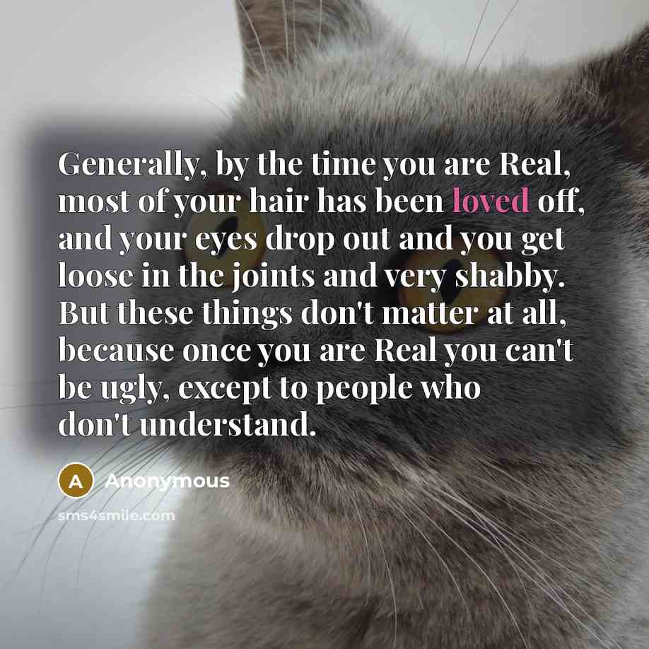 “Generally, by the time you are Real, most of your hair has been loved off, and your eyes drop out and you get loose in the joints and very shabby. But these things don't matter at all, because once you are Real you can't be ugly, except to people who don't understand.” quote by Anonymous