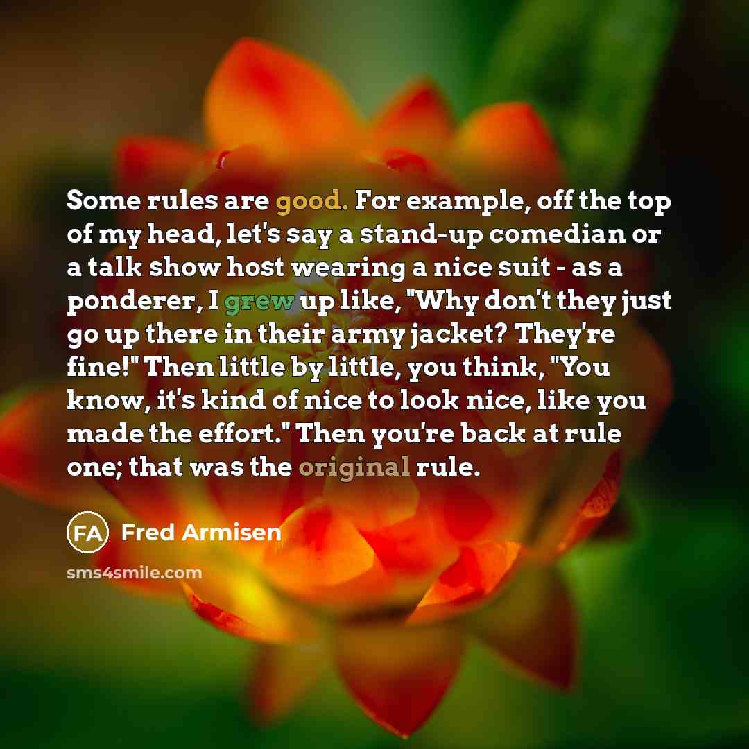 “Some rules are good. For example, off the top of my head, let's say a stand-up comedian or a talk show host wearing a nice suit - as a ponderer, I grew up like, "Why don't they just go up there in their army jacket? They're fine!" Then little by little, you think, "You know, it's kind of nice to…” quote by Fred Armisen
