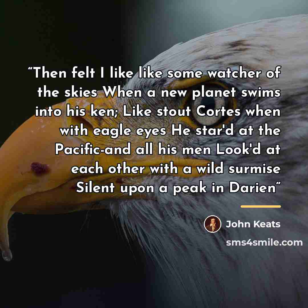 “Then felt I like like some watcher of the skies When a new planet swims into his ken; Like stout Cortes when with eagle eyes He star'd at the Pacific-and all his men Look'd at each other with a wild surmise Silent upon a peak in Darien” quote by John Keats