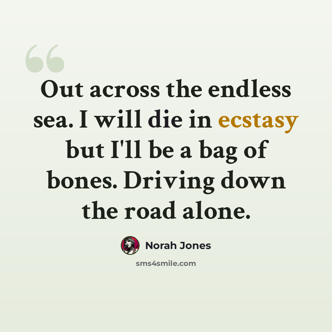“Out across the endless sea. I will die in ecstasy but I'll be a bag of bones. Driving down the road alone.” quote by Norah Jones