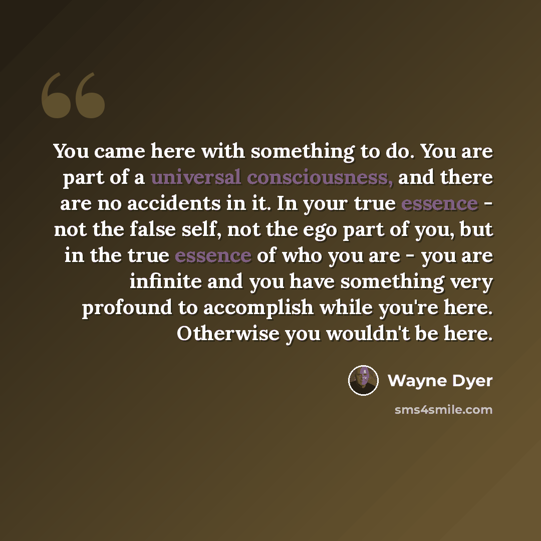 “You came here with something to do. You are part of a universal consciousness, and there are no accidents in it. In your true essence - not the false self, not the ego part of you, but in the true essence of who you are - you are infinite and you have something very profound to accomplish while…” quote by Wayne Dyer