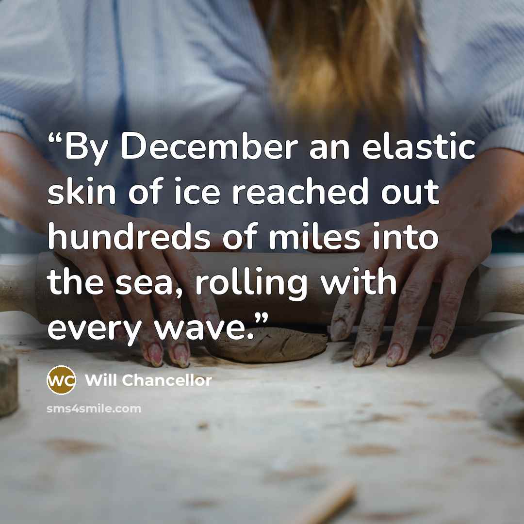 “By December an elastic skin of ice reached out hundreds of miles into the sea, rolling with every wave.” quote by Will Chancellor