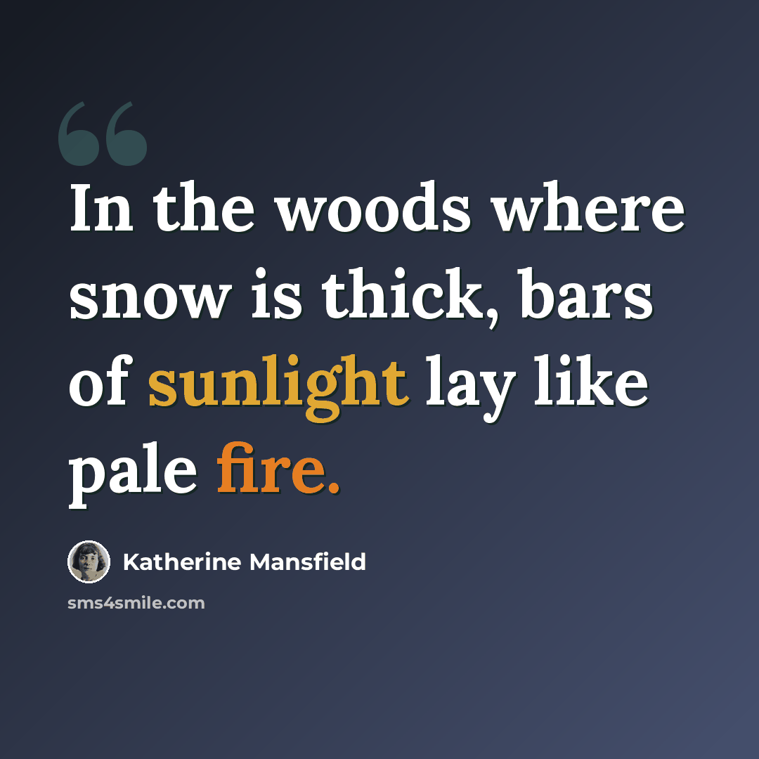 “In the woods where snow is thick, bars of sunlight lay like pale fire.” quote by Katherine Mansfield